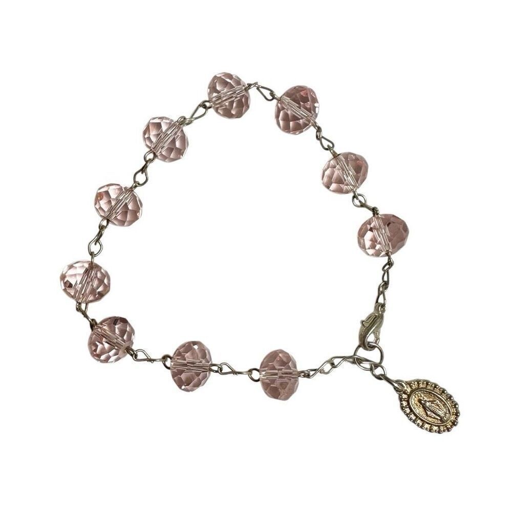Pink Swarovski crystal religious charm bracelet